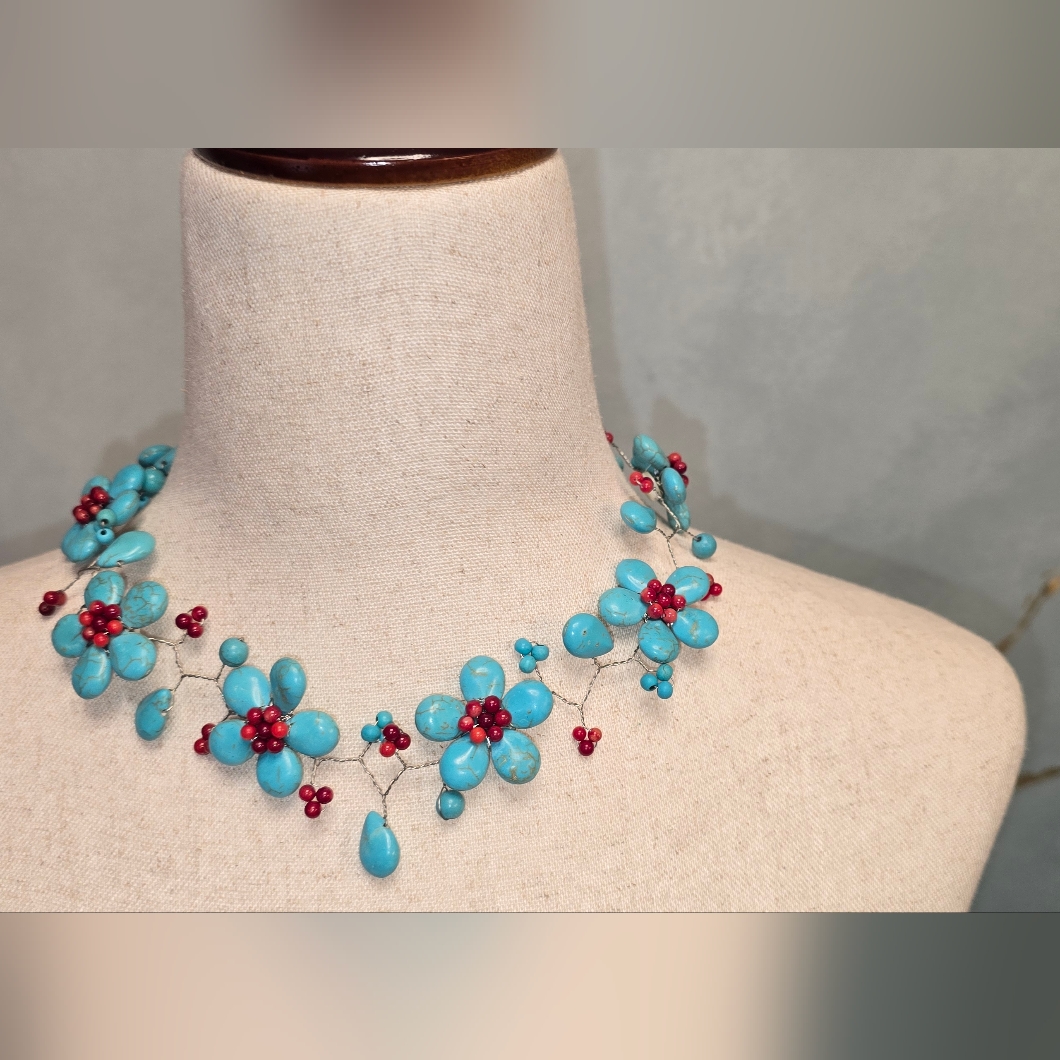 Turquoise And Red Beaded Floral Statement Necklace Handmade Bib Choker New
